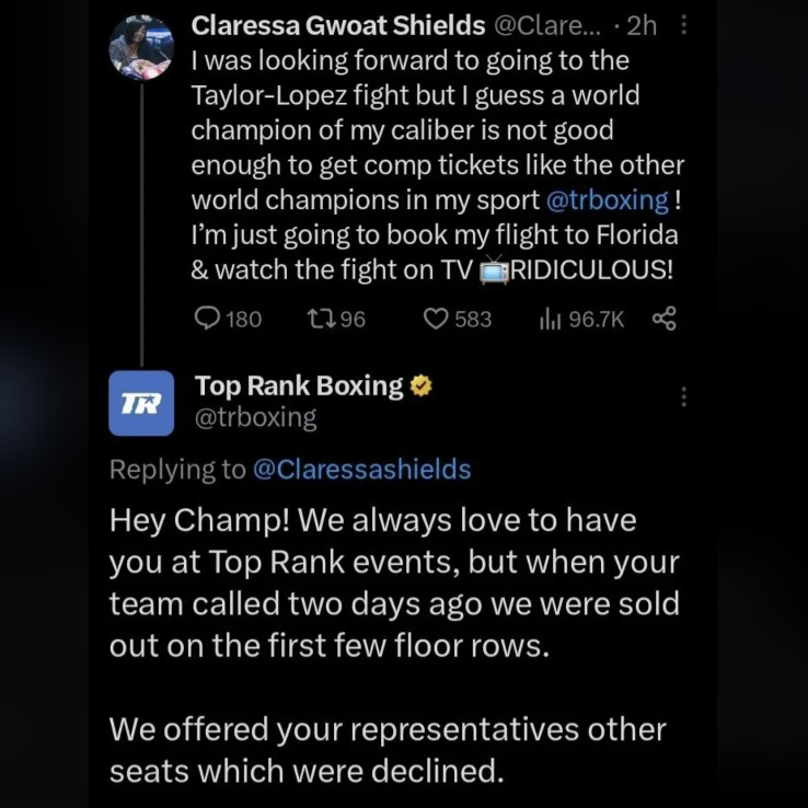 screenshot - Claressa Gwoat Shields ....2h I was looking forward to going to the TaylorLopez fight but I guess a world champion of my caliber is not good enough to get comp tickets the other world champions in my sport ! I'm just going to book my flight t